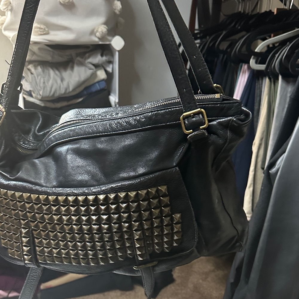 Black Studded Leather Shoulder Bag